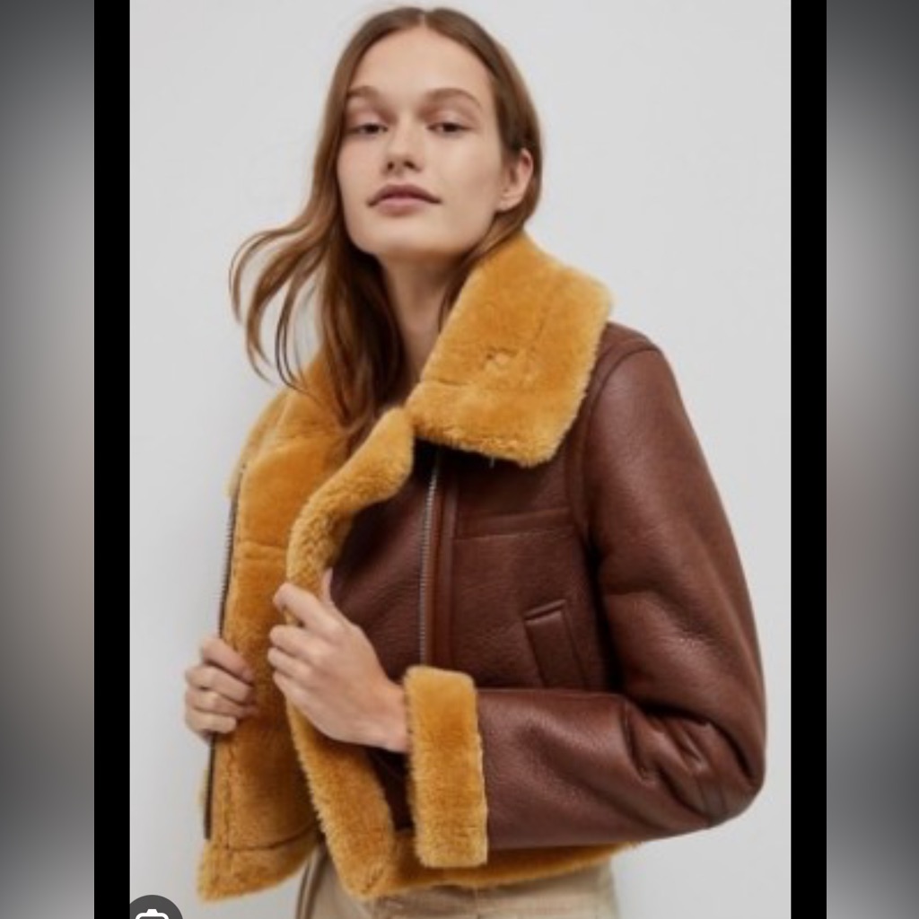 Avec Les Filles Brown Leather Aviator Jacket With Golden Shearling
